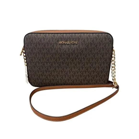 Michael Kors Jet Set Large Logo Crossbody Bag Brown MK Chain Strap - Picture 2 of 14